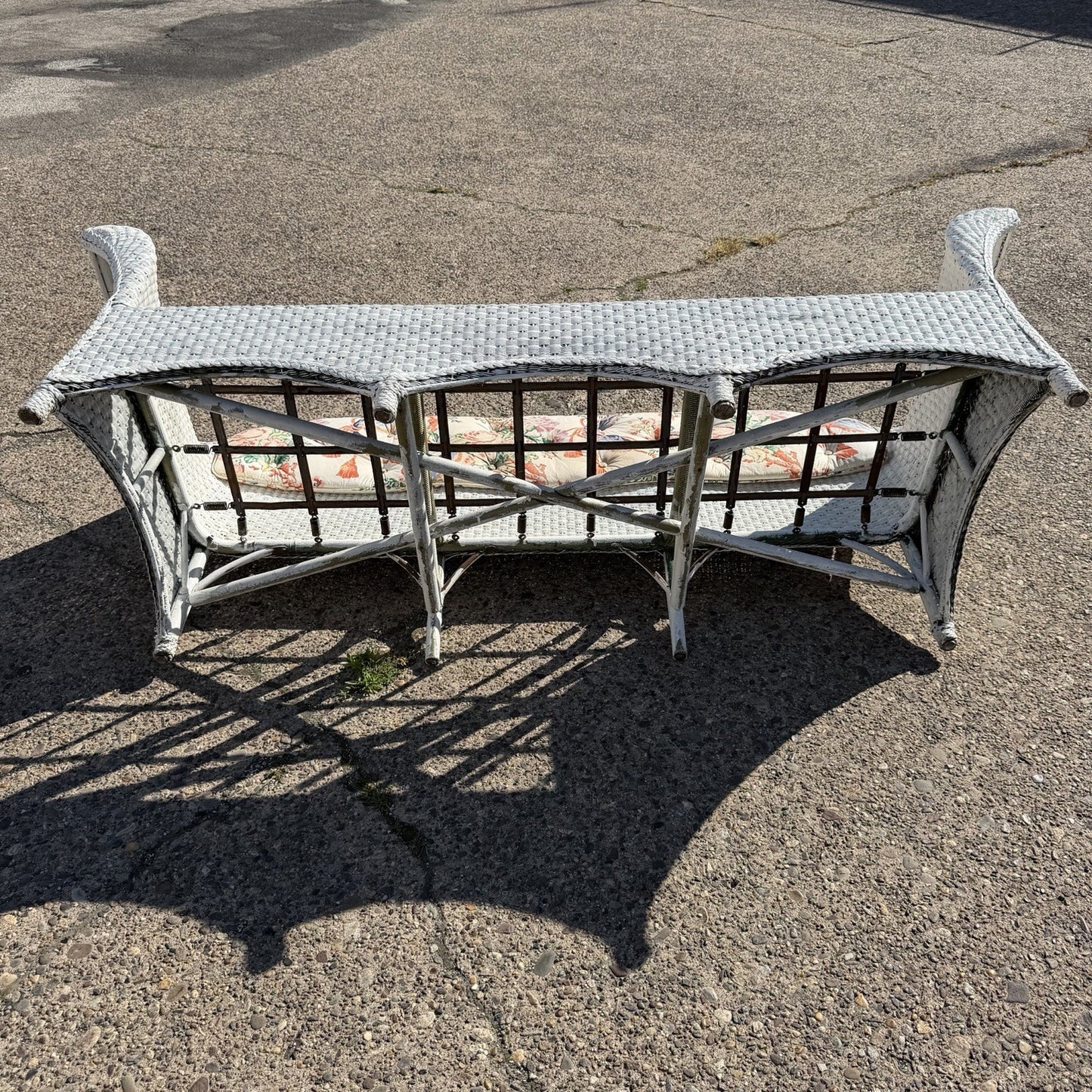 Antique Victorian White Wicker Rattan Sunroom Patio Sofa w/ Loose Cushions