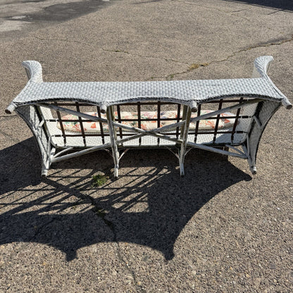 Antique Victorian White Wicker Rattan Sunroom Patio Sofa w/ Loose Cushions