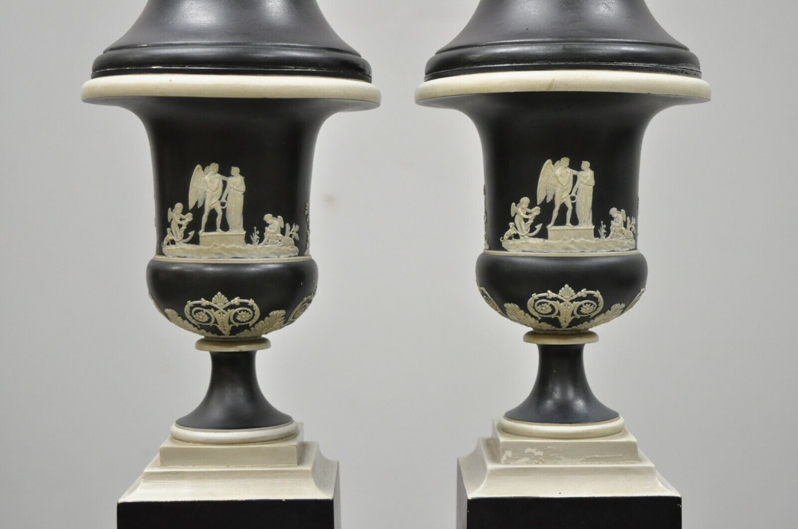 Antique Wedgwood Jasperware Black and White Urn Form Table Lamps - a Pair