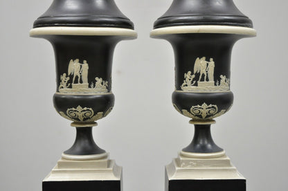 Antique Wedgwood Jasperware Black and White Urn Form Table Lamps - a Pair