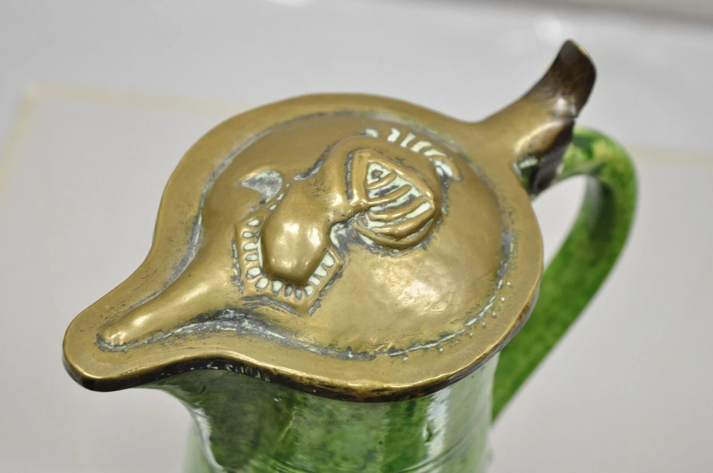 Antique Gothic Renaissance Green Ceramic Pitcher with Brass Soldier Armor Lid