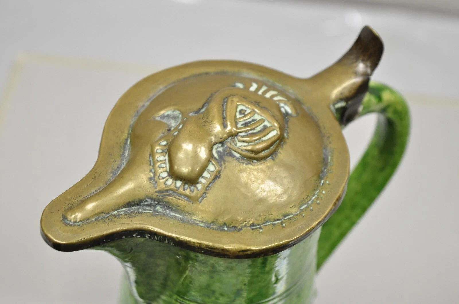Antique Gothic Renaissance Green Ceramic Pitcher with Brass Soldier Armor Lid