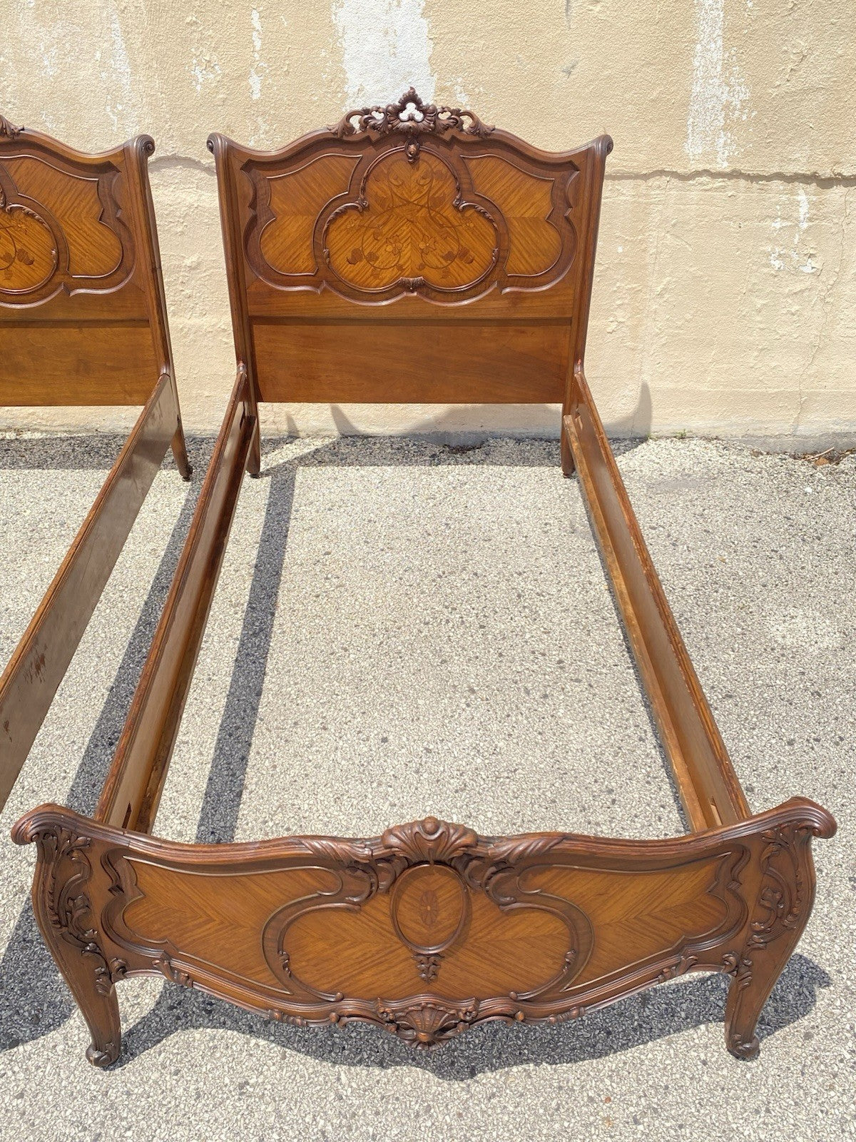 Antique French Louis XV Style Walnut Satinwood Inlay Twin Bed Frames - a Pair