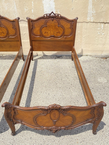 Antique French Louis XV Style Walnut Satinwood Inlay Twin Bed Frames - a Pair