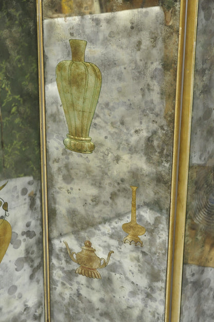 Antique Chinoiserie Oriental Eglomise Antiqued Mirror Glass 3 Panel Room Screen