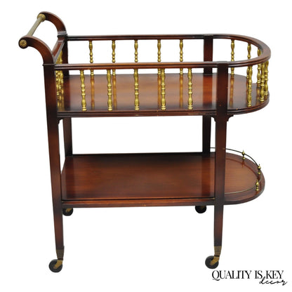 Vintage French Regency Mahogany 2 Tier Brass Gallery Rolling Bar Cart Server