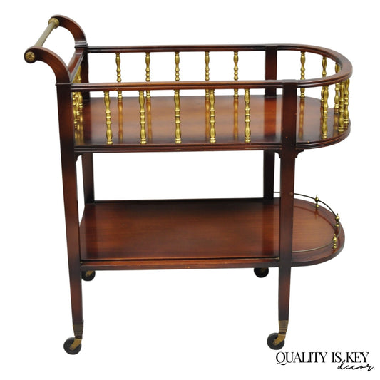 Vintage French Regency Mahogany 2 Tier Brass Gallery Rolling Bar Cart Server