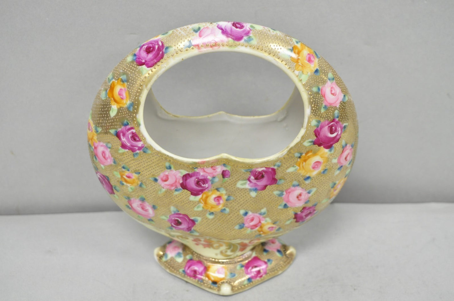 Antique Japanese Nippon Hand Painted Porcelain Gold Gilt Handle Moon Basket Vase