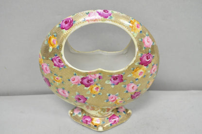 Antique Japanese Nippon Hand Painted Porcelain Gold Gilt Handle Moon Basket Vase