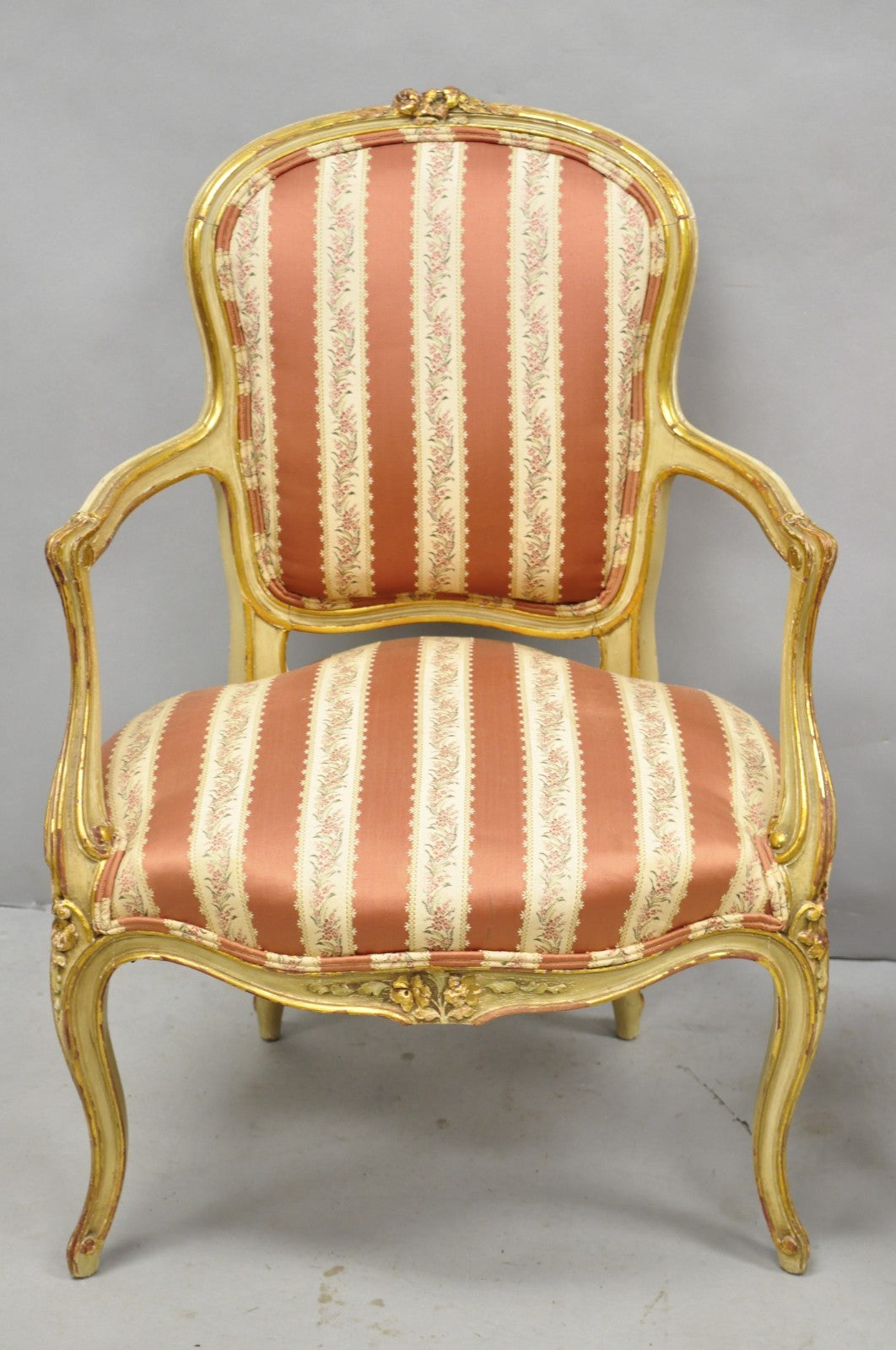 Antique French Louis XV Style Gold Giltwood Pink Stripe Fauteuil Arm Chair, Pair