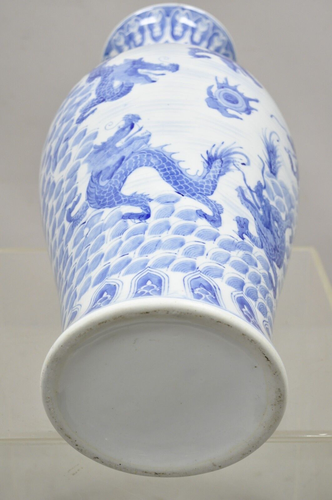 Vintage Blue and White Delf Style Porcelain Chinese Export 25" Tall Dragon Vase