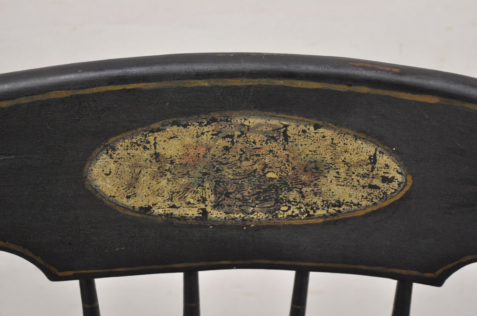 Antique Colonial Stencil Back Black Painted Plank Bottom Rocker Rocking Chair