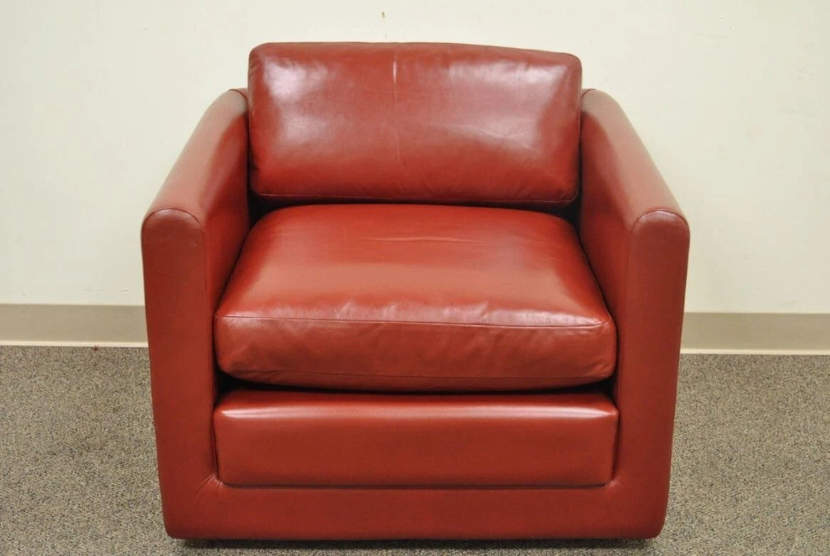 Vintage Mid Century Modern Red Leather Cube Club Lounge Chair on Rolling Casters
