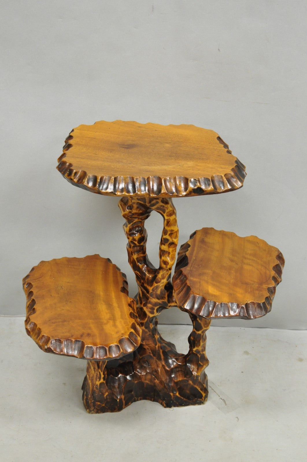 Vintage Mid Century Modern Live Edge 3 Tier Walnut Plant Stand Side Table