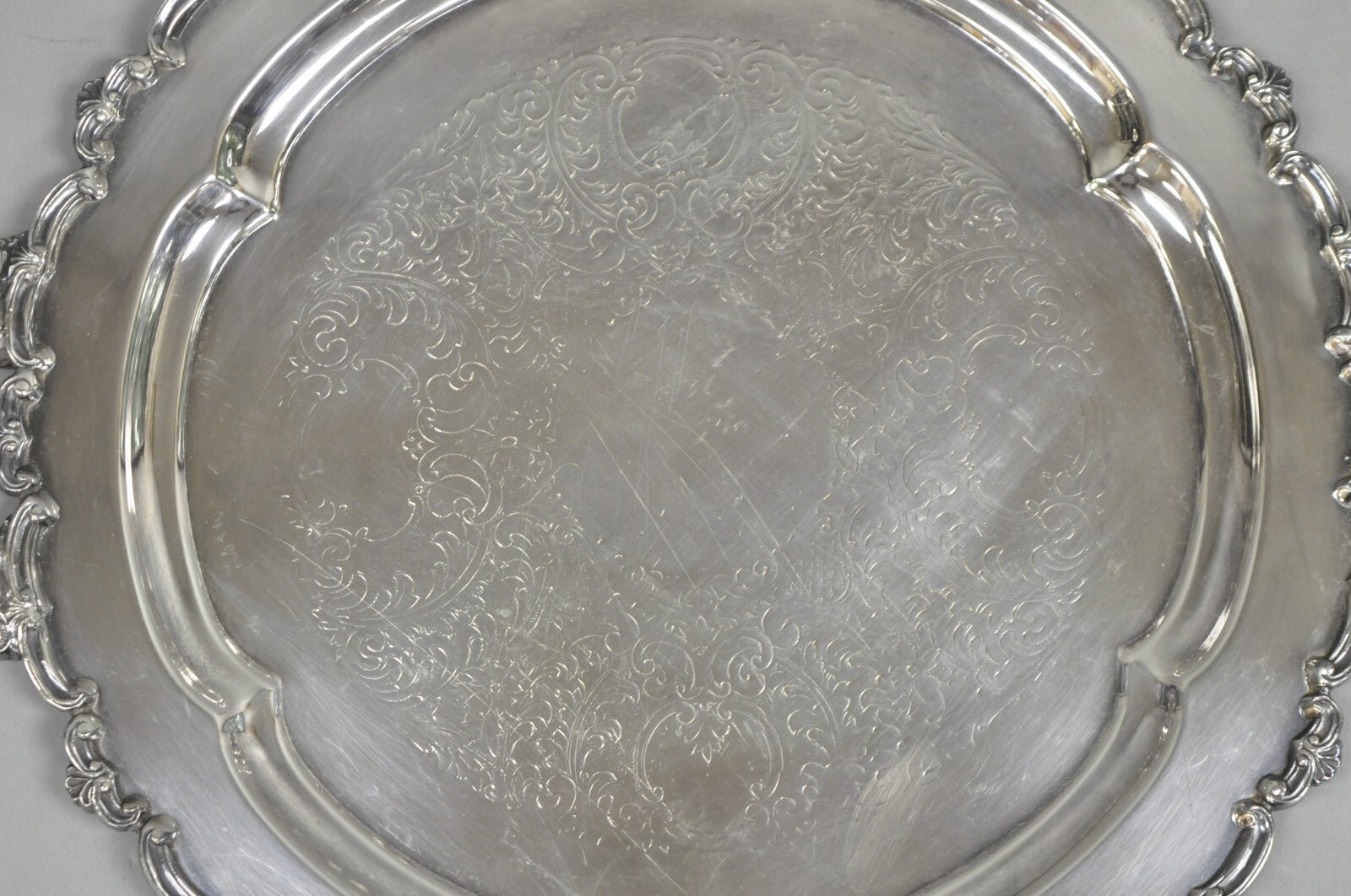 Vintage English Victorian Silver Plated Round Serving Platter Bar Tray w Handles