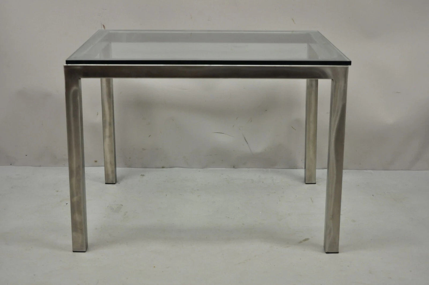 Mid Century Modern Brushed Metal Glass Top Milo Baughman Style Side Table
