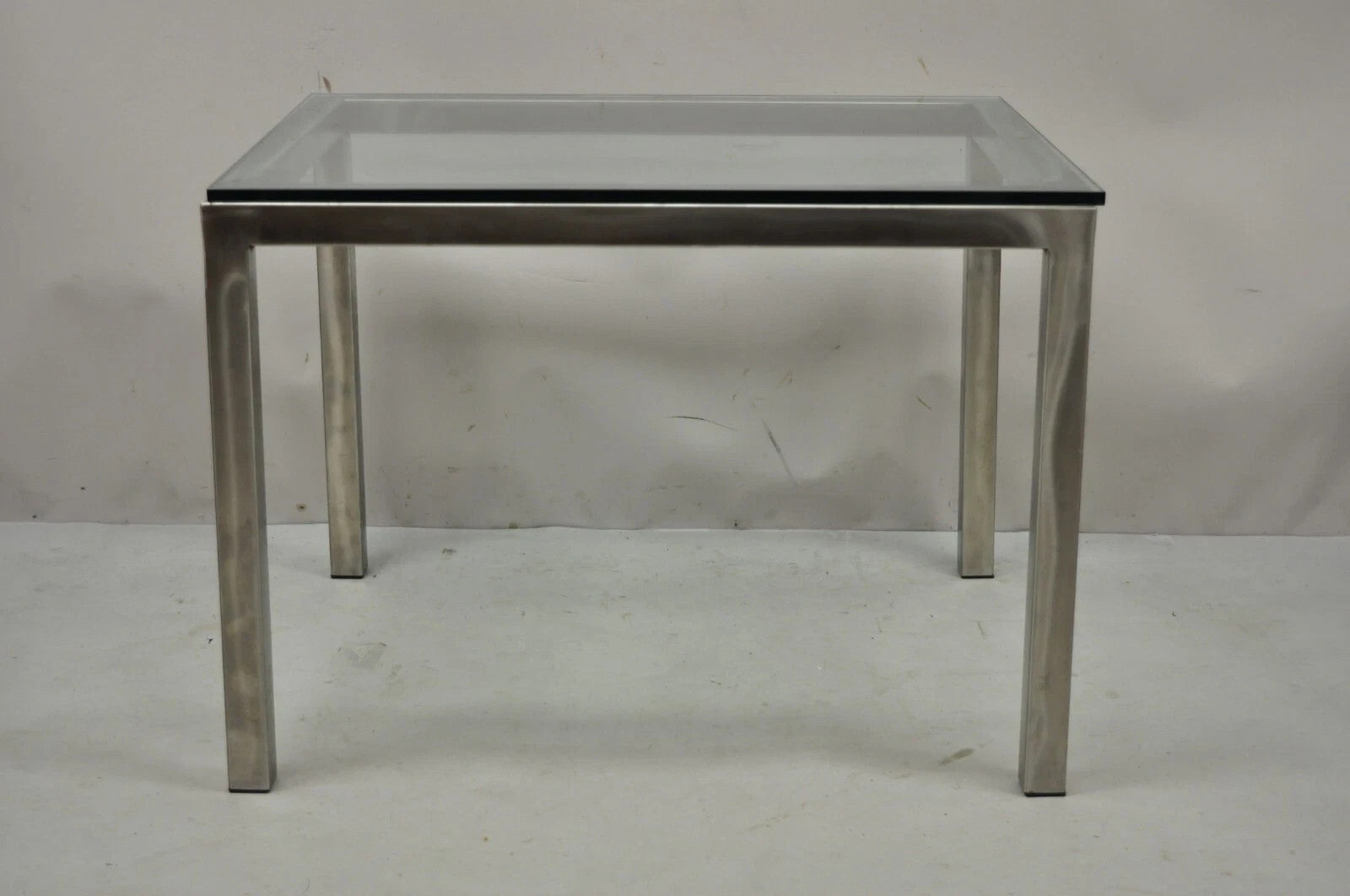 Mid Century Modern Brushed Metal Glass Top Milo Baughman Style Side Table