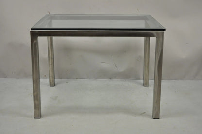 Mid Century Modern Brushed Metal Glass Top Milo Baughman Style Side Table