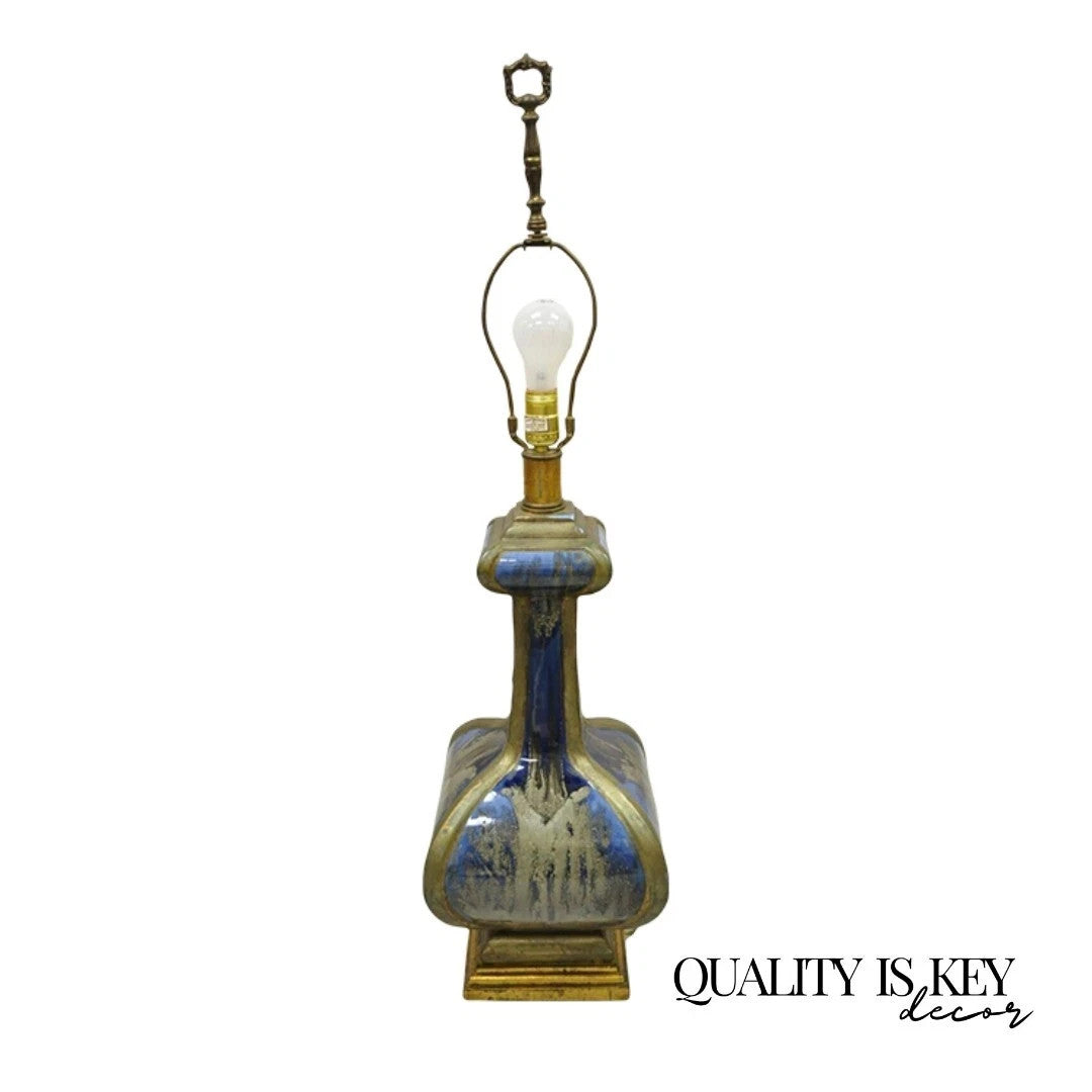 Vintage Mid Century Modern Blue Drip Glazed Sculpted Ceramic Pottery Table Lamp