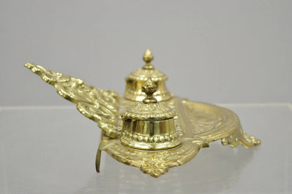 Vintage Renaissance Victorian Style Brass Lion Head Double Pen Desk Inkwell