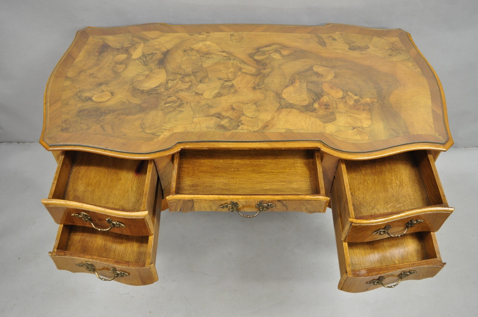 Vintage Italian Rococo French Country Burl Wood Olive Wood Inlay Writing Desk