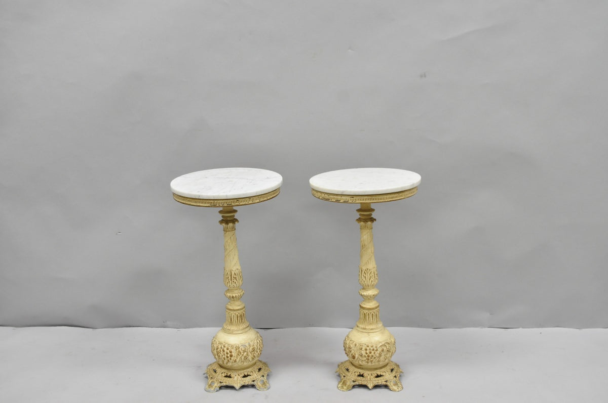 Vintage Hollywood Regency Small Metal Pedestal Marble Top Drinks Side Table Pair