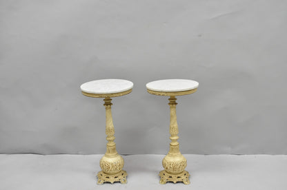 Vintage Hollywood Regency Small Metal Pedestal Marble Top Drinks Side Table Pair