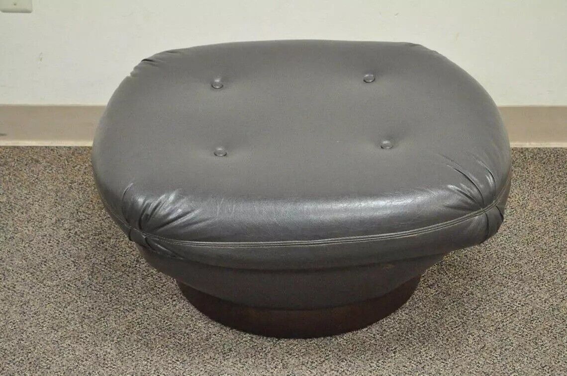 Vintage Mid Century Modern Tufted Brown Vinyl Walnut Chair Ottoman Footstool
