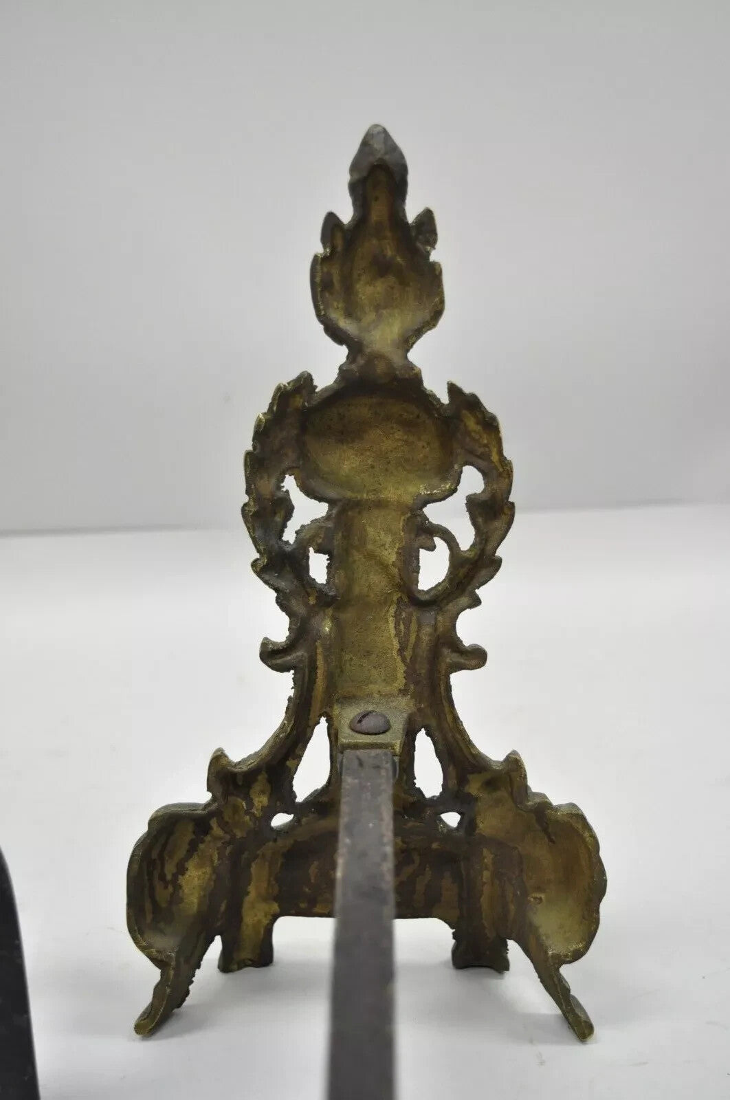 Vintage French Empire Style Brass Column & Flame Finial 13" Andirons - a Pair