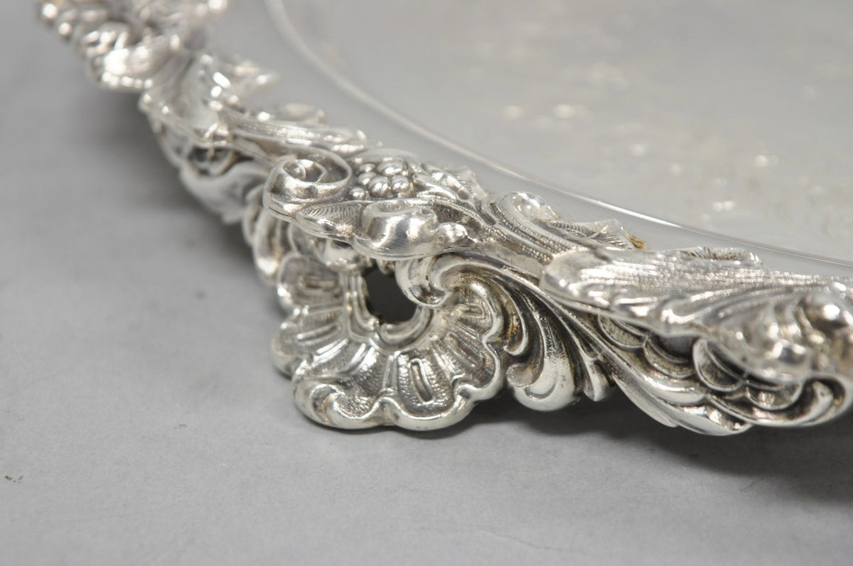 Vintage Wilcox Victorian Silver Plated Round Ornate Footed Salver Serving Tray