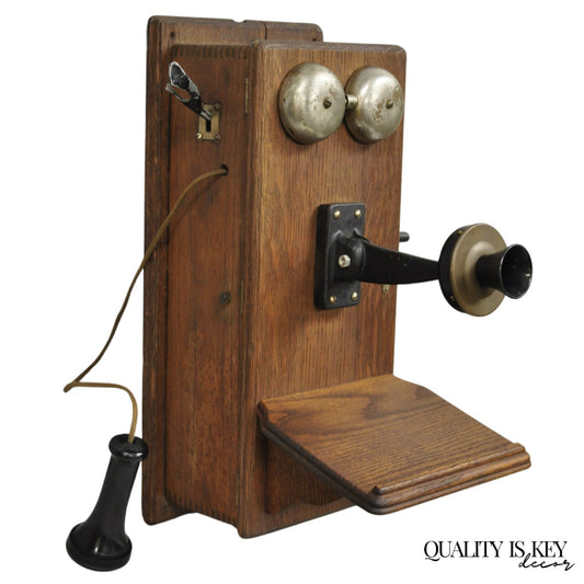 Antique Victorian Quartersawn Oak Hand Crank Candlestick Phone Wall Telephone