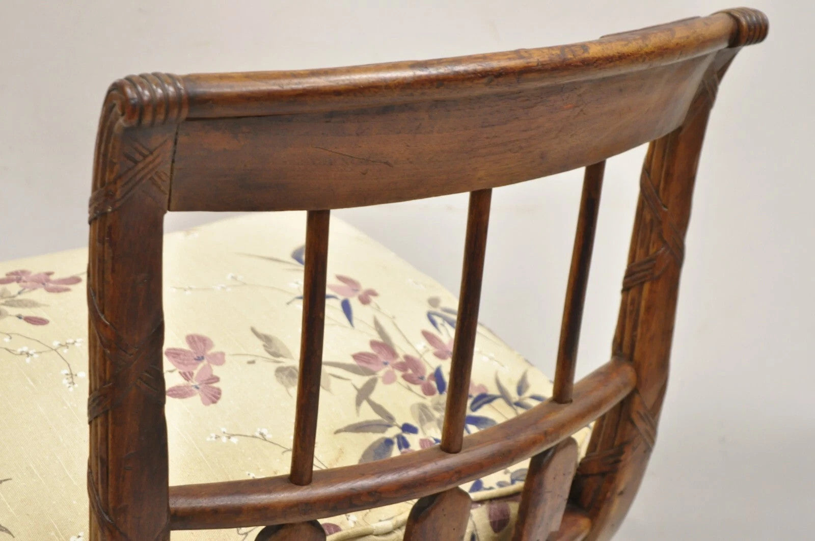 Antique Italian Neoclassical Style Carved Arrow Walnut Low Boudoir Slipper Chair