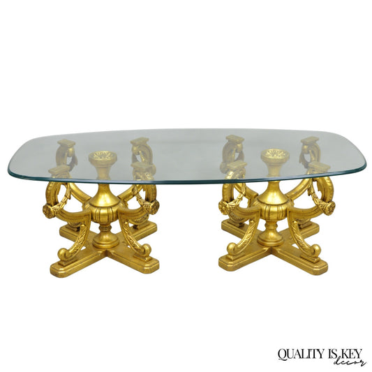 Vintage Italian Hollywood Regency Gold Gilt Metal Double Pedestal Coffee Table