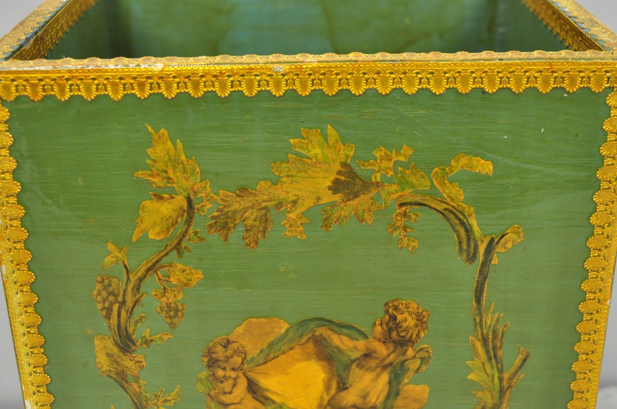 Vintage Italian Venetian Decoupage Green Gold Papier Mache Wastebasket Trash Can