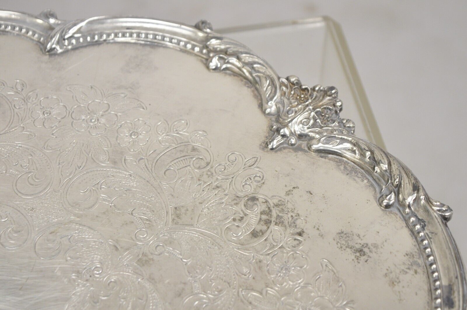 Vintage Victorian Silver Plated Round Scalloped Edge Dish Serving Platter Tray