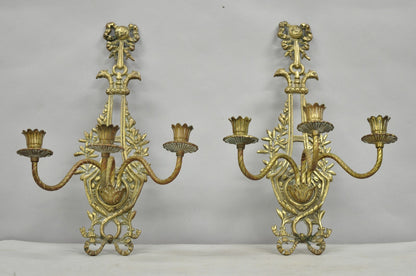 Antique French Louis XV Style Figural Bronze Candelabra Wall Sconces - a Pair