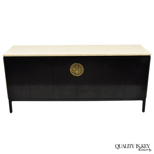 Paul McCobb for Calvin Irwin Travertine Top Black Mahogany Sideboard Credenza