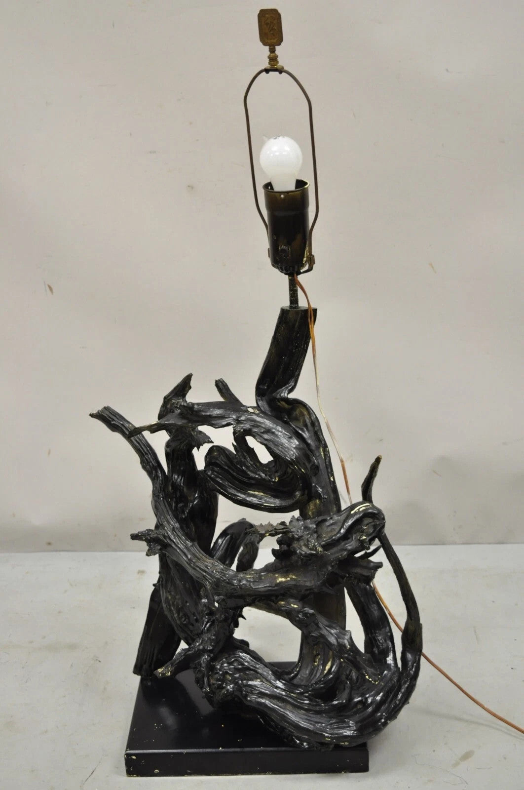 Vintage Mid Century Modern Large Driftwood Wooden Black Sculptural Table Lamp