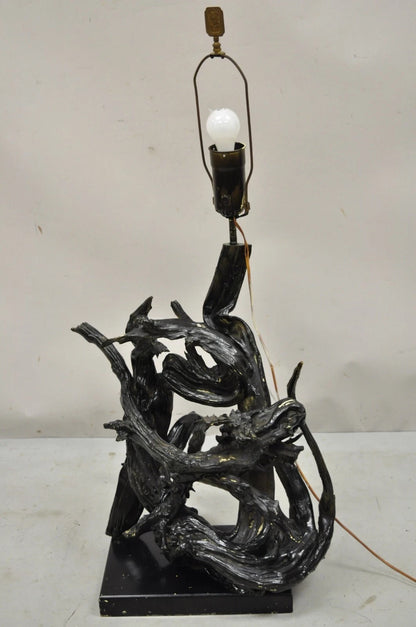 Vintage Mid Century Modern Large Driftwood Wooden Black Sculptural Table Lamp