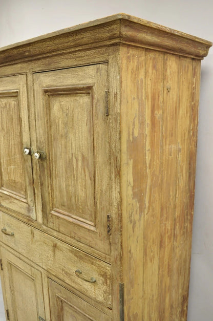 Antique French Country Farmhouse Beige Distressed Paint Kitchen Cupboard Cabinet
