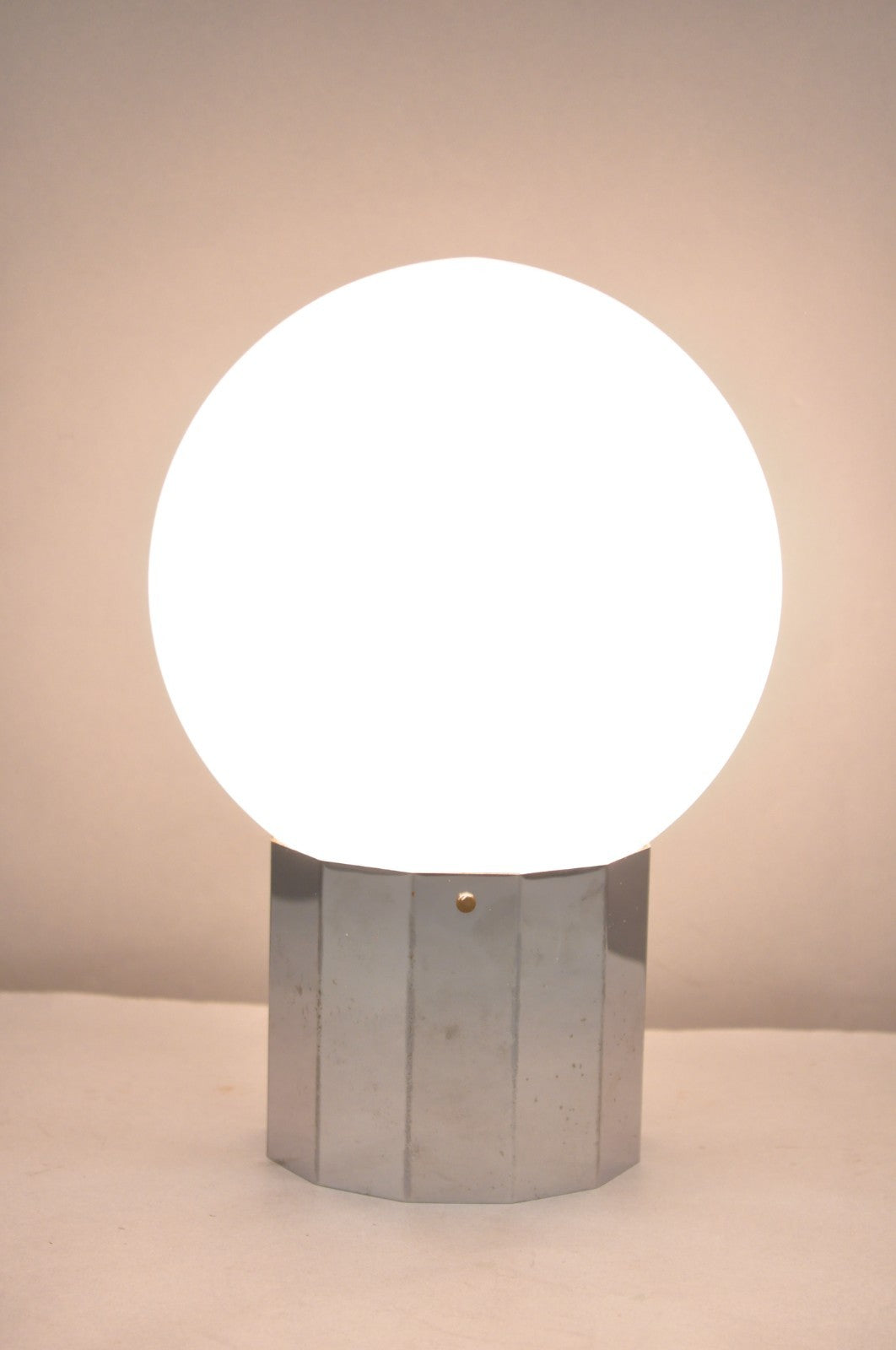 Vintage Mid Century Modern Faceted Chrome Base White Glass Ball Small Table Lamp
