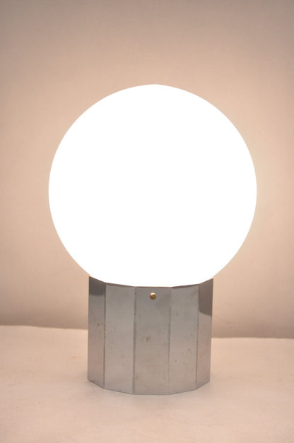 Vintage Mid Century Modern Faceted Chrome Base White Glass Ball Small Table Lamp