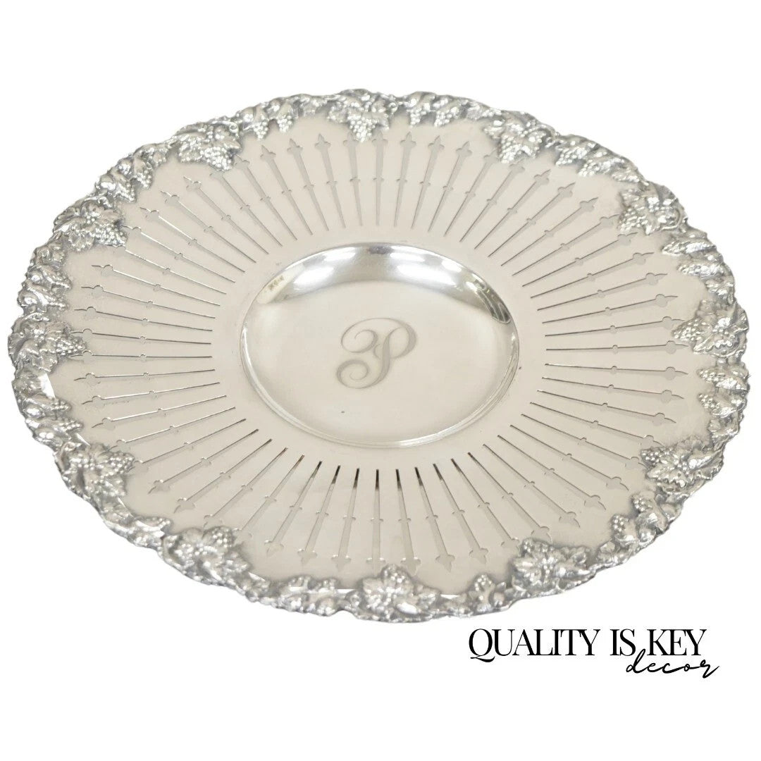 English Edwardian Grapevine Repousse Silver Plated "P" Round Serving Platter