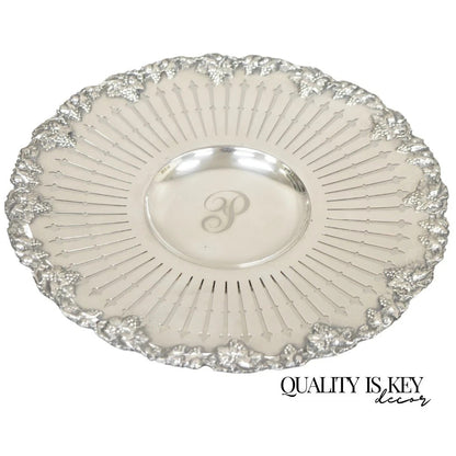 English Edwardian Grapevine Repousse Silver Plated "P" Round Serving Platter