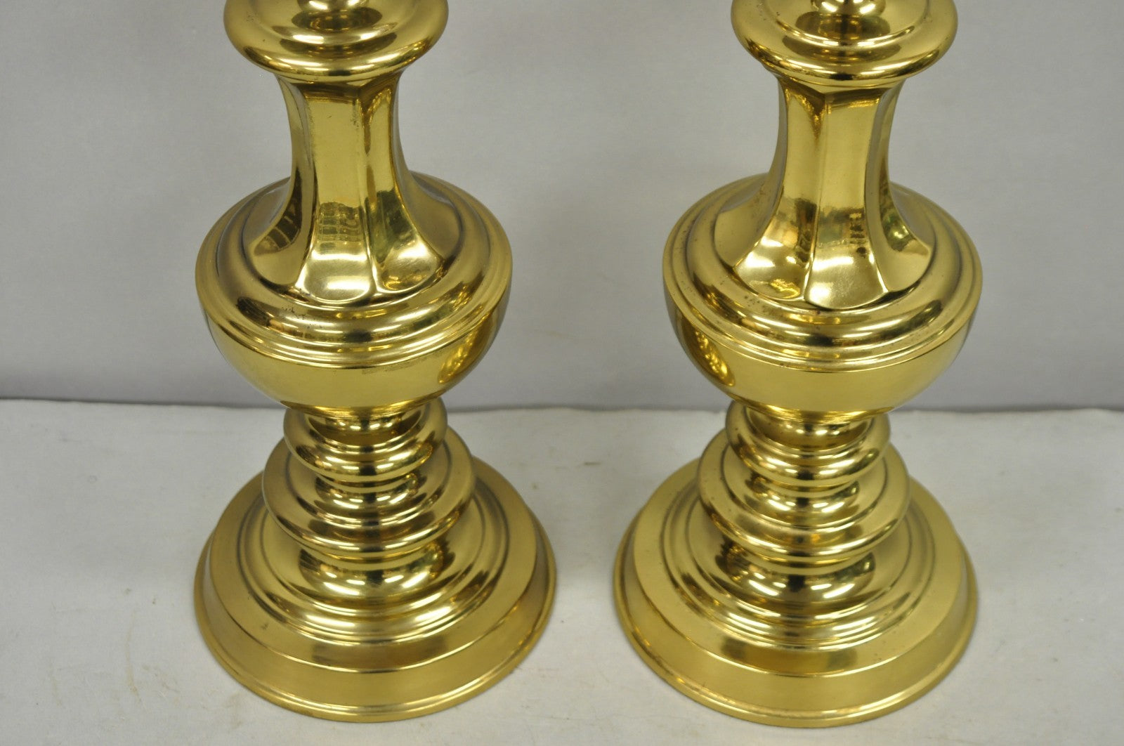 Vintage Hollywood Regency Brass Column Stiffel Style Gold Table Lamps - a Pair