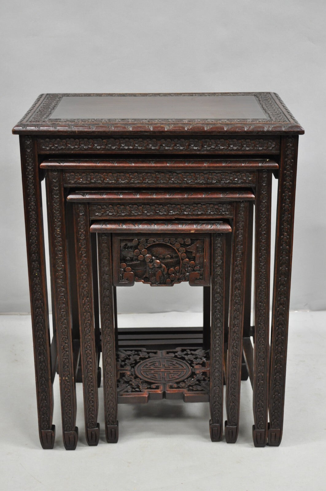 Antique Chinese Carved Rosewood Figural Nesting Side Tables w/ Drawer - 4 Pcs
