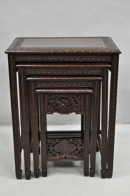 Antique Chinese Carved Rosewood Figural Nesting Side Tables w/ Drawer - 4 Pcs