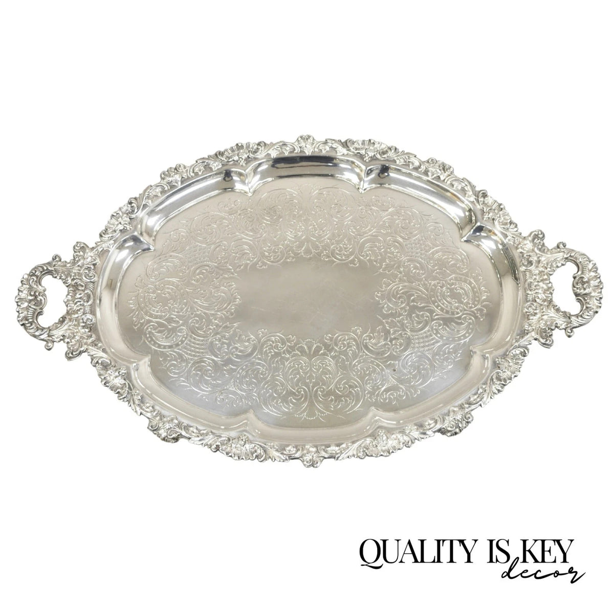 Antique Victorian English Sheffield Ornate Oval Footed Serving Platter Bar Tray