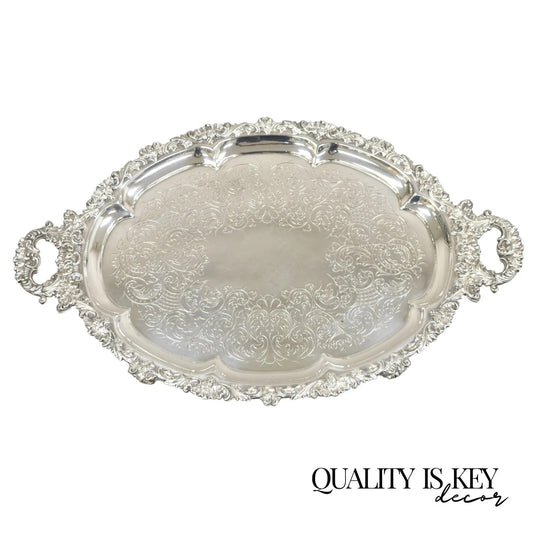 Antique Victorian English Sheffield Ornate Oval Footed Serving Platter Bar Tray
