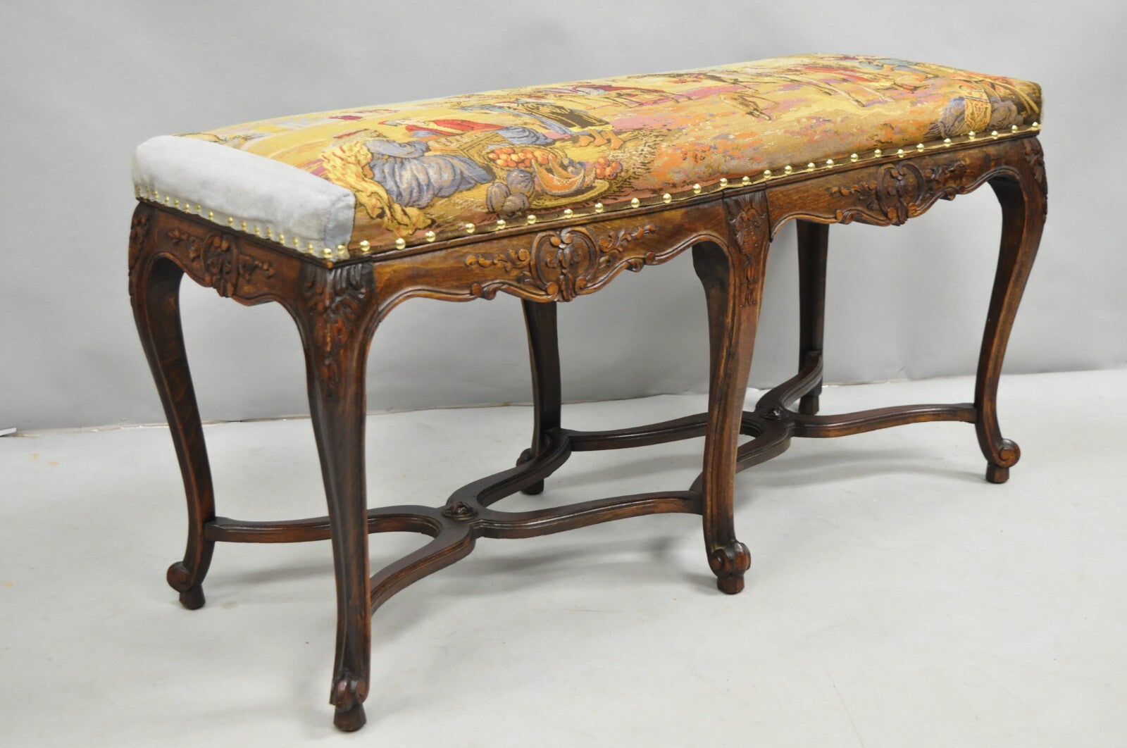 Vintage French Country Louis XV Style Walnut Bench w/ Arabian Market Tapestry